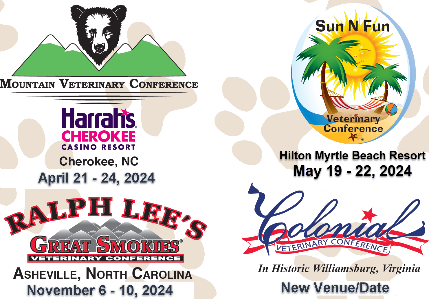 Our Conferences for 2024: Mountian Veterinary Conference, Sun N Fun Veterinary Conference, Ralph Lee's Great Smokies Veterinary Conference and Colonial Veterinar Conference